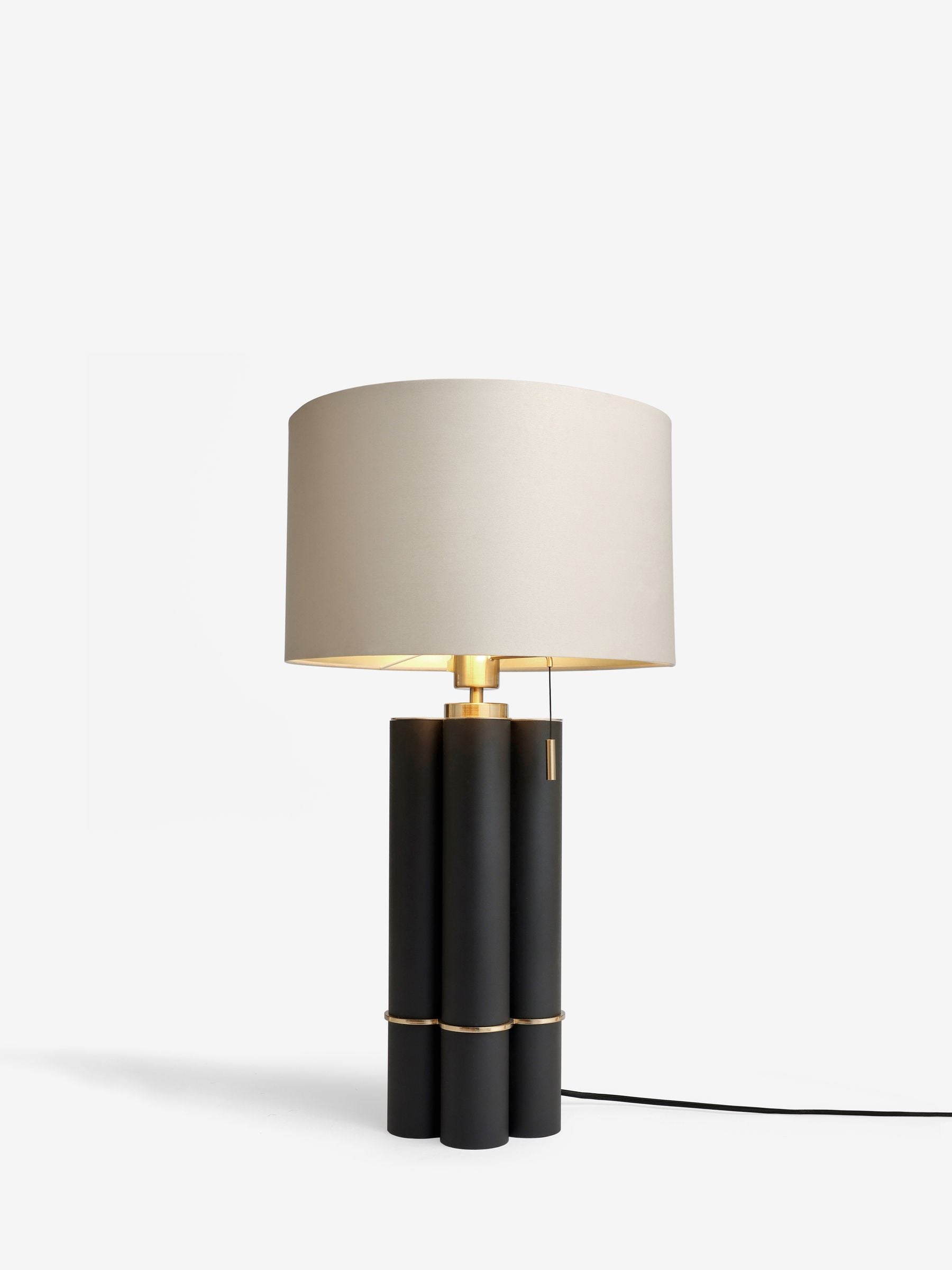 Camford grey table lamp with fabric shade and brass accents, UK version