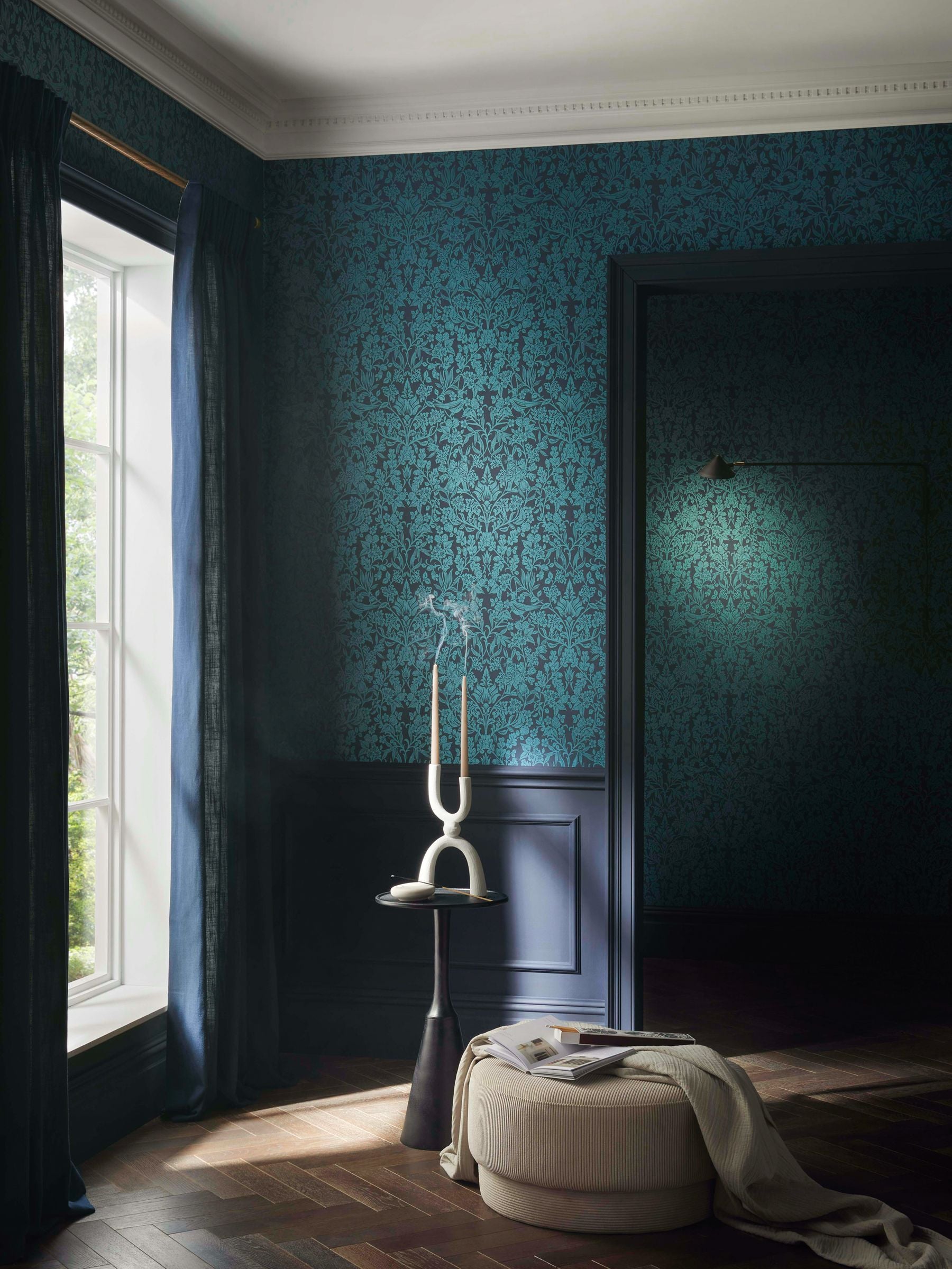 Graham Brown Hartley Damask wallpaper sample teal navy, imported from the UK
