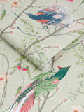 Graham & Brown bird wallpaper sample in green (British brand)