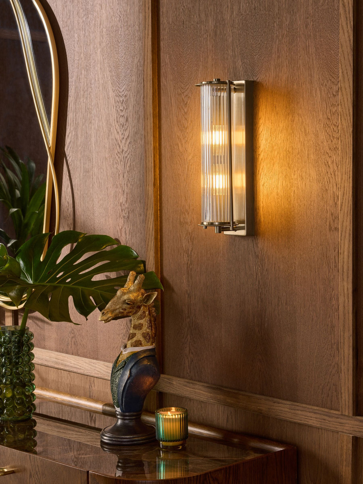Brass Hertford 2 light wall light with ribbed glass (British brand)