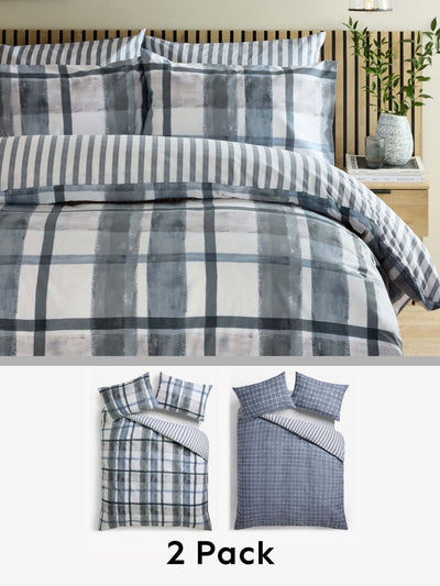 Next 2 Pack Navy Blue Check Reversible Duvet Cover and Pillowcase Bedding Set- Buy online at McGrocer