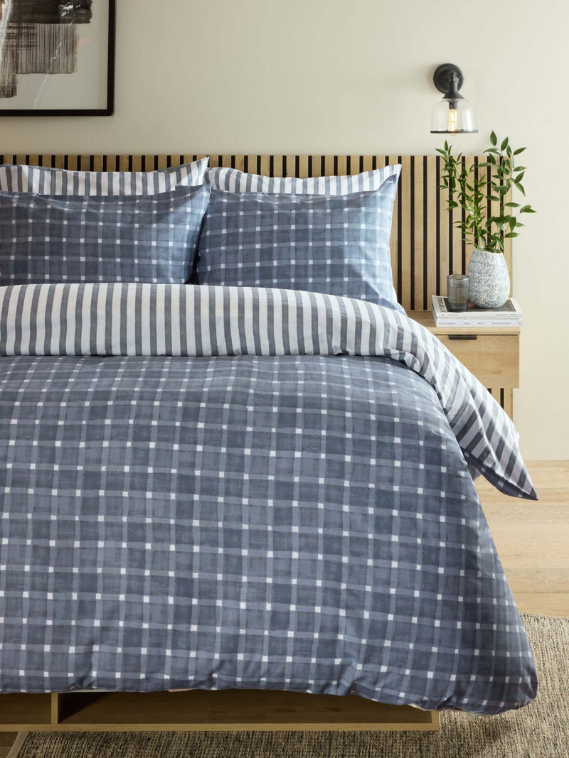 Navy blue check reversible duvet cover and pillowcase set, imported from the UK