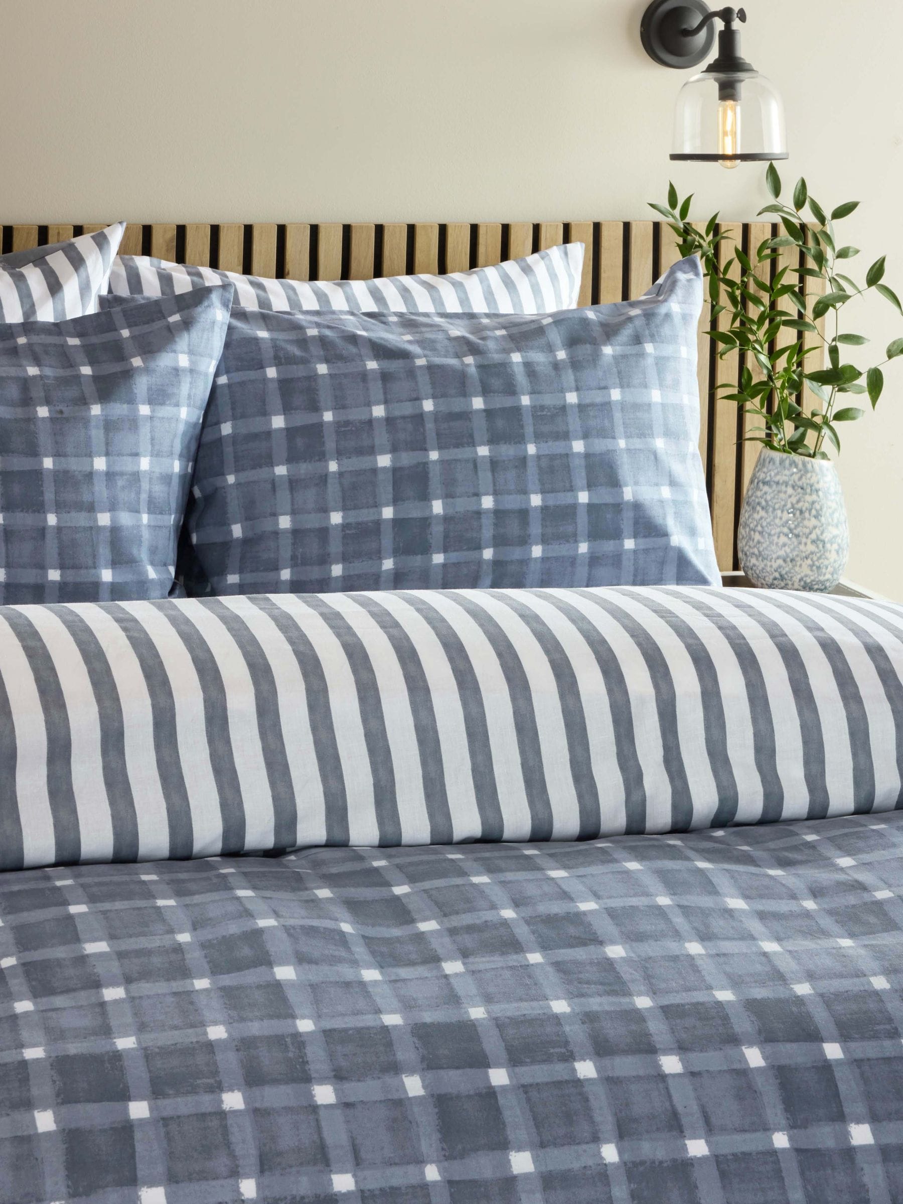 Navy blue check reversible duvet cover and pillowcase set, imported from the UK