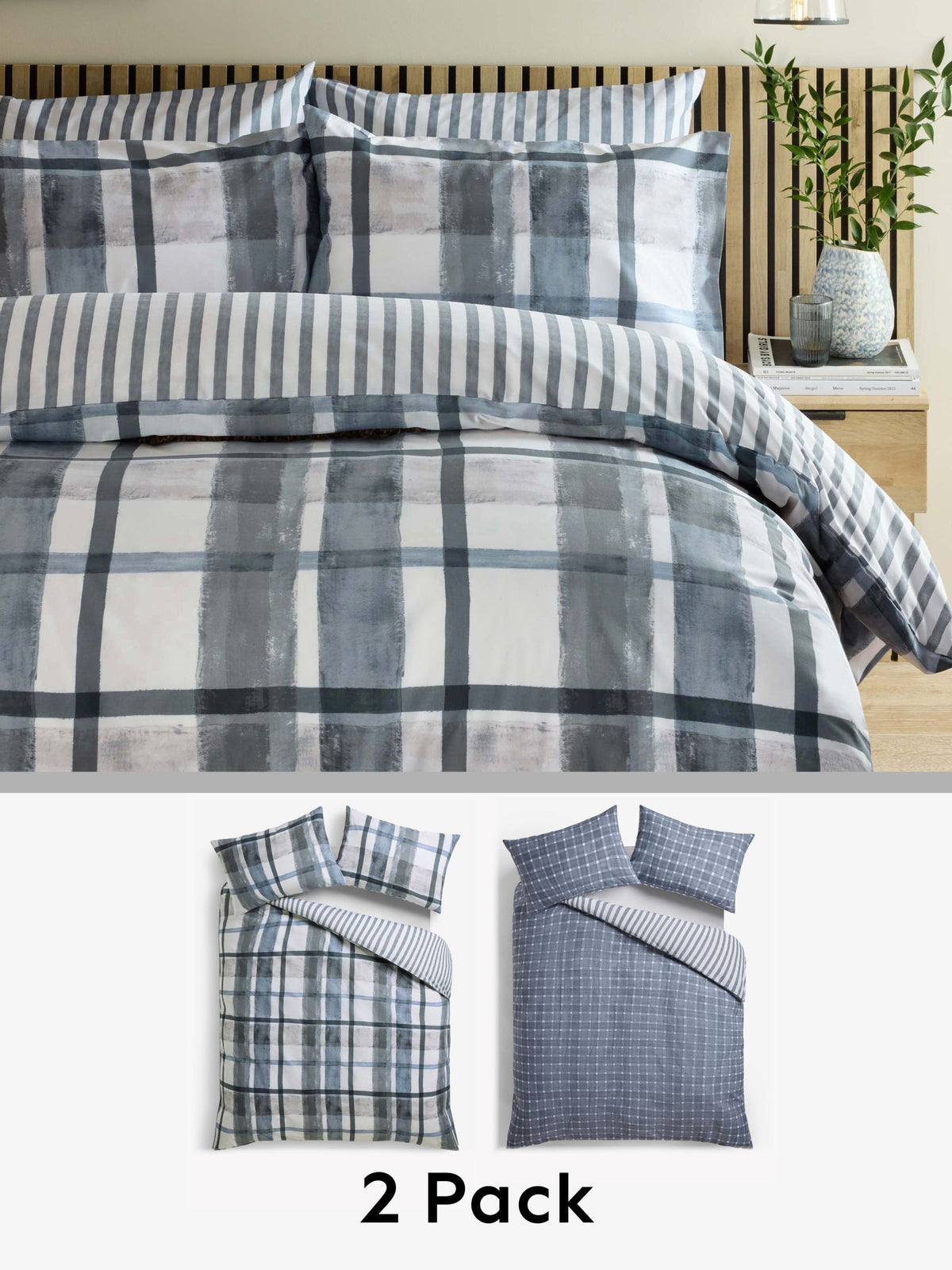 Navy blue check reversible duvet cover and pillowcase set, imported from the UK