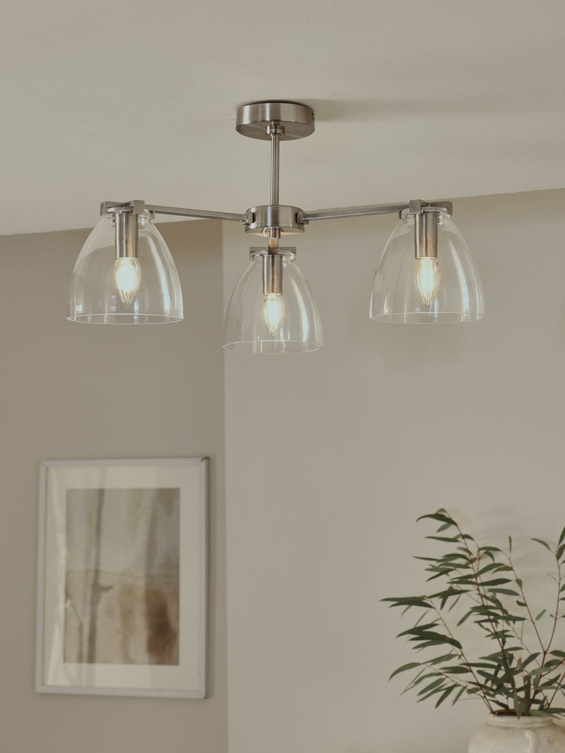 Derwent brushed nickel flush ceiling light 3 glass shades (British brand)