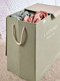 Sage green laundry sorter basket with embroidered detail - British product