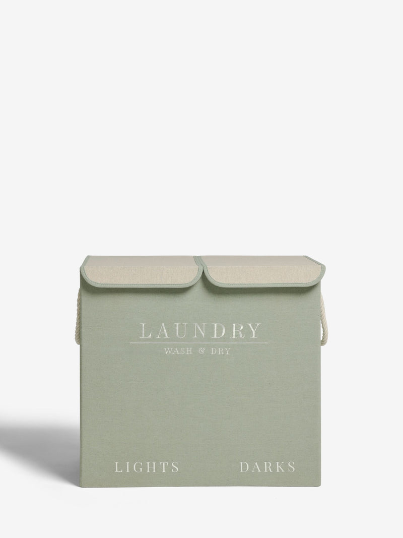 Sage green laundry sorter basket with embroidered detail - British product