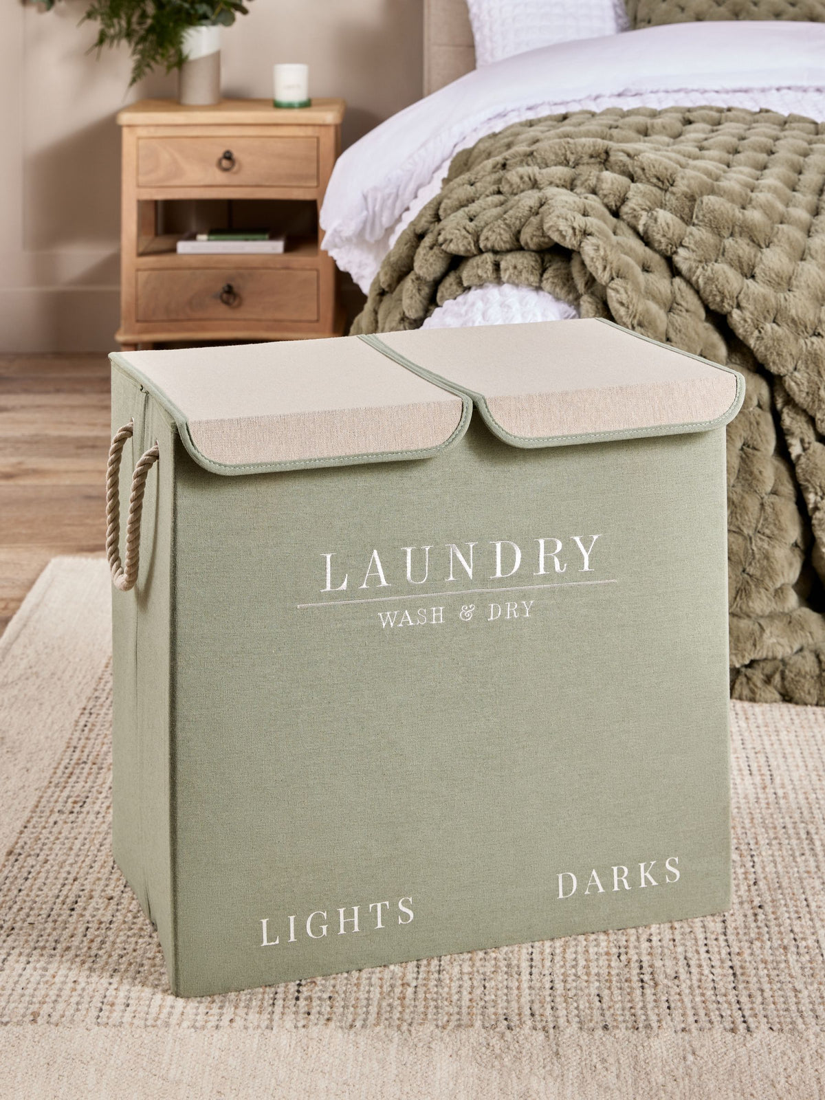 Sage green laundry sorter basket with embroidered detail - British product