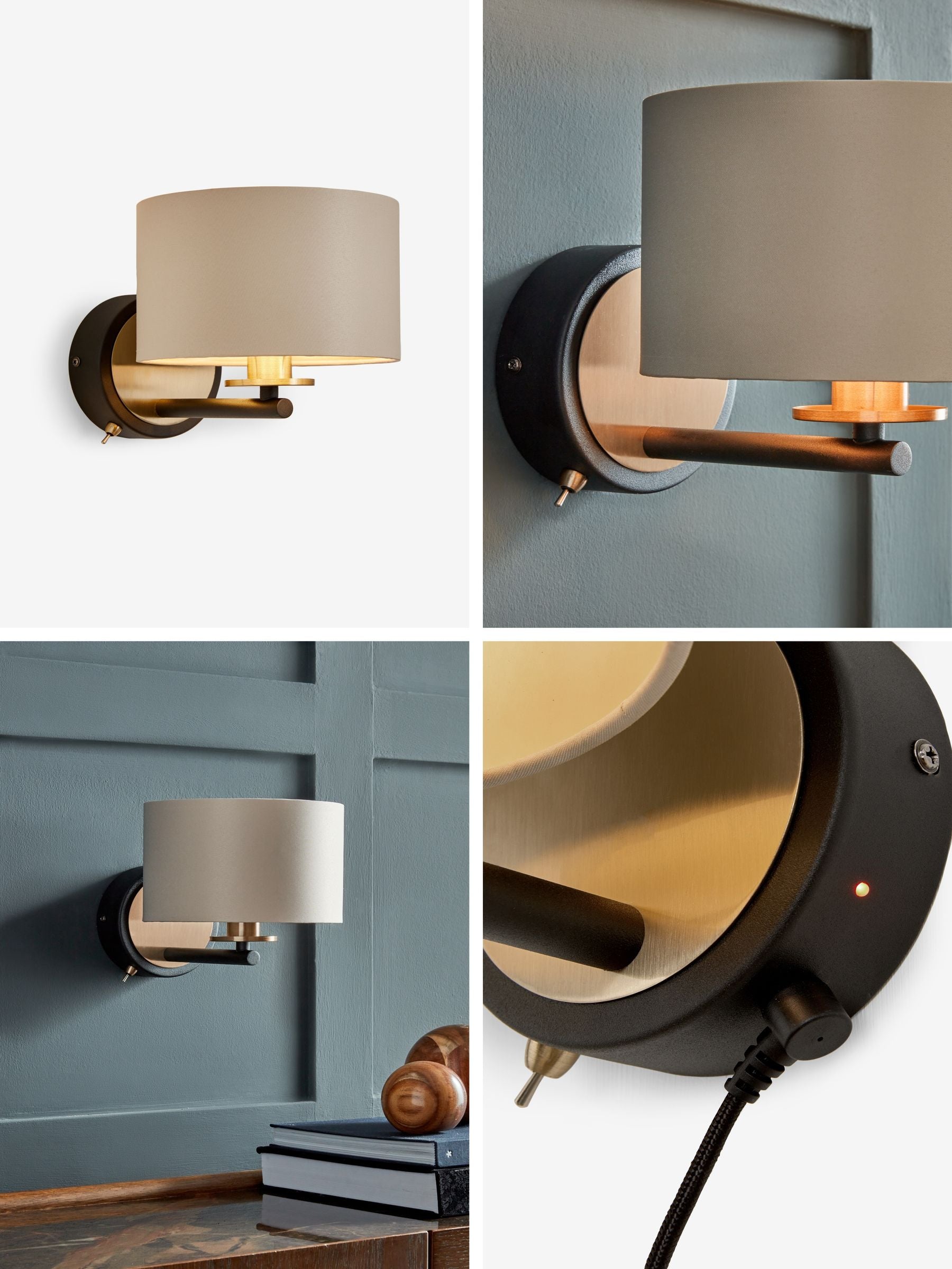 Brass Hudson wall light brushed brass fabric shade, imported from the UK
