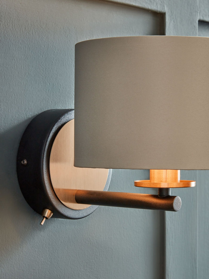 Brass Hudson wall light brushed brass fabric shade, imported from the UK