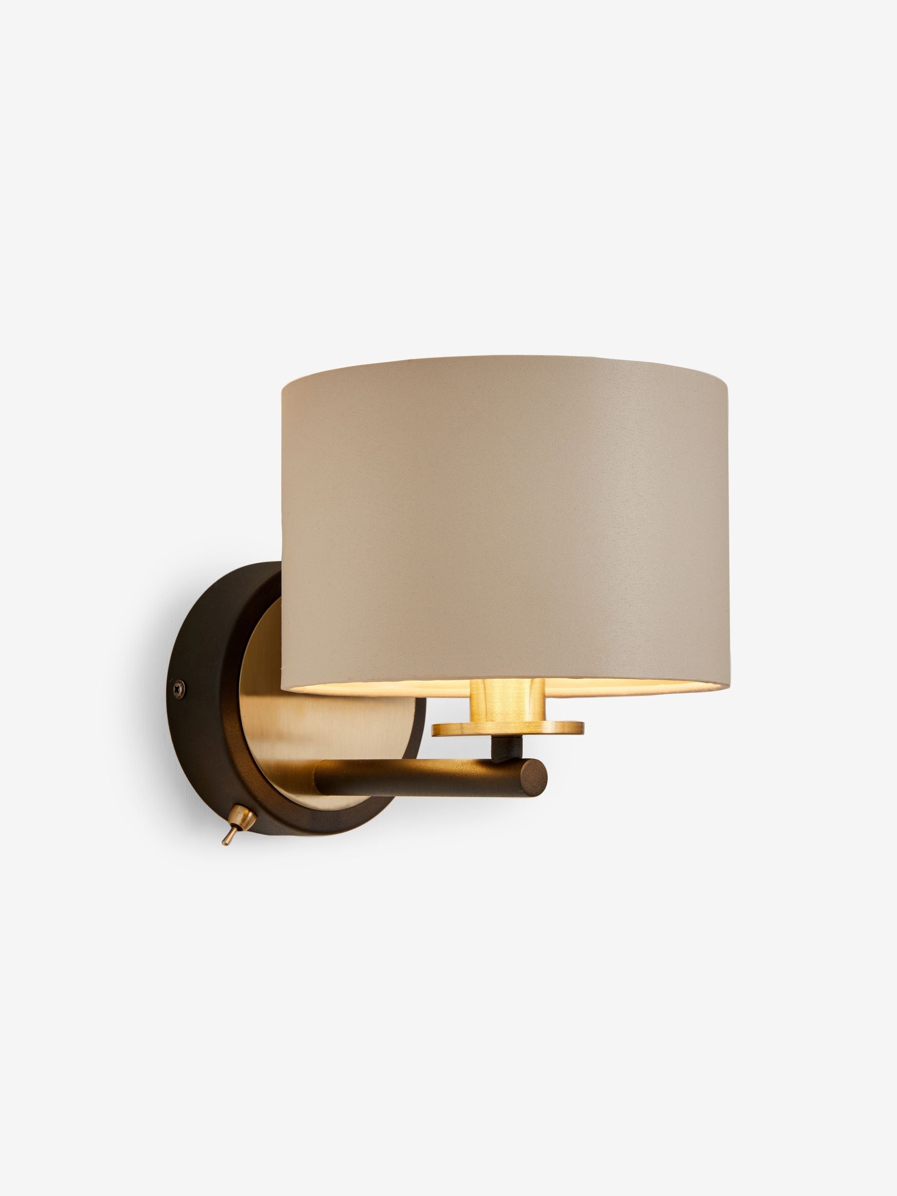 Brass Hudson wall light brushed brass fabric shade, imported from the UK
