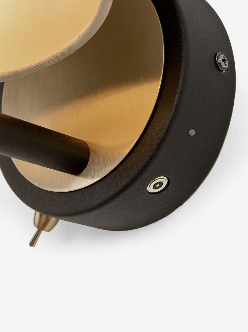 Brass Hudson wall light brushed brass fabric shade, imported from the UK