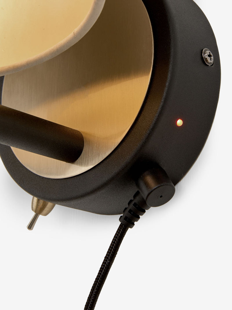 Brass Hudson wall light brushed brass fabric shade, imported from the UK