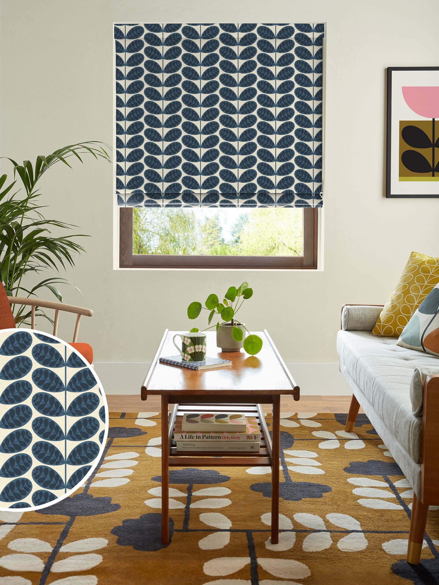 Orla Kiely Whale Blue Botanica Stem roman blind (British brand)