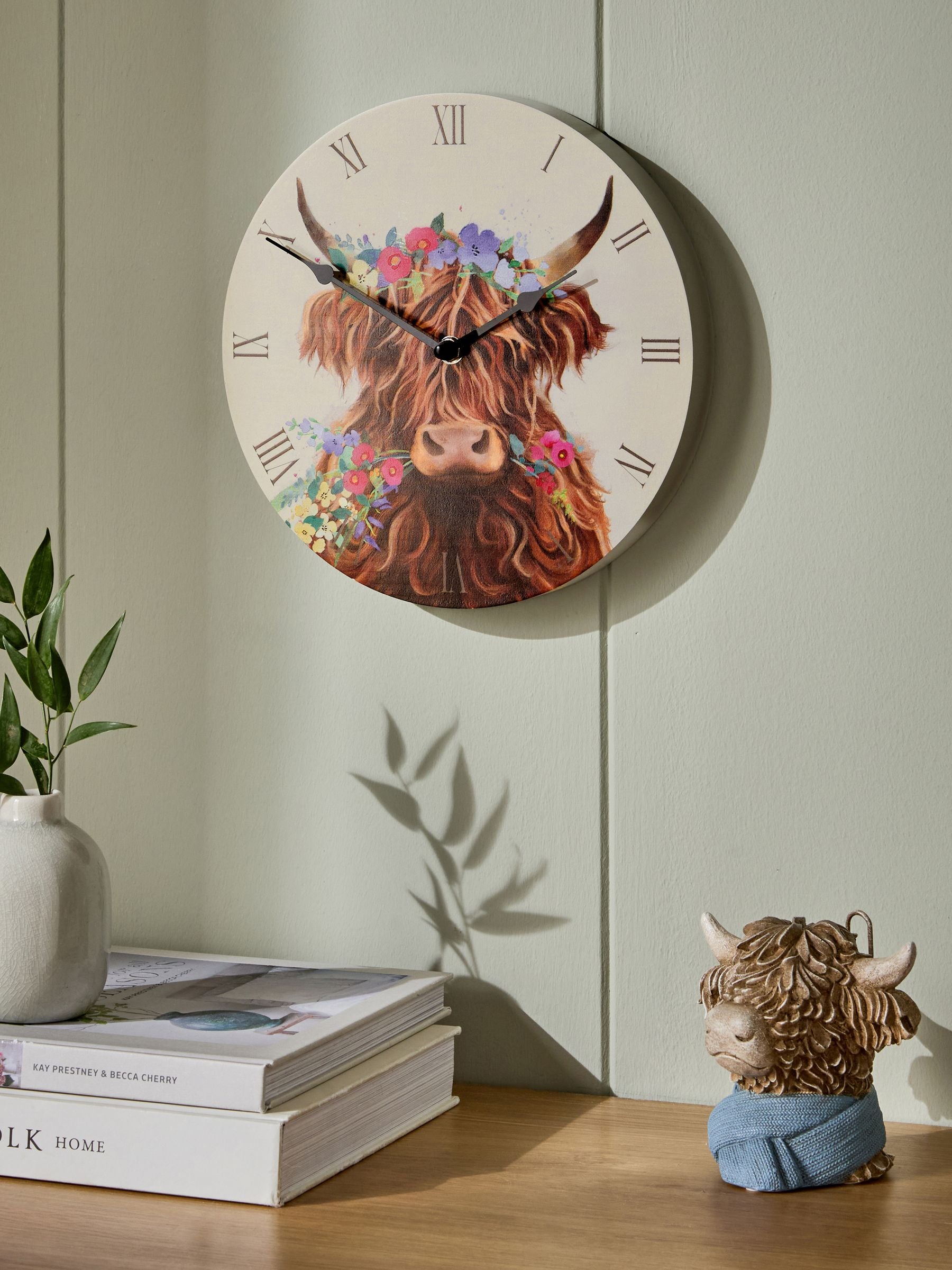 Hamish Highland Cow multicolour floral wall clock 25cm, imported from the UK
