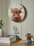 Hamish Highland Cow multicolour floral wall clock 25cm, imported from the UK