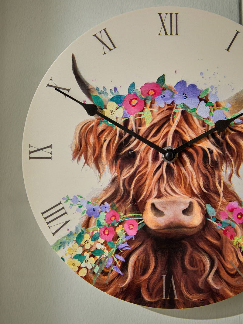 Hamish Highland Cow multicolour floral wall clock 25cm, imported from the UK