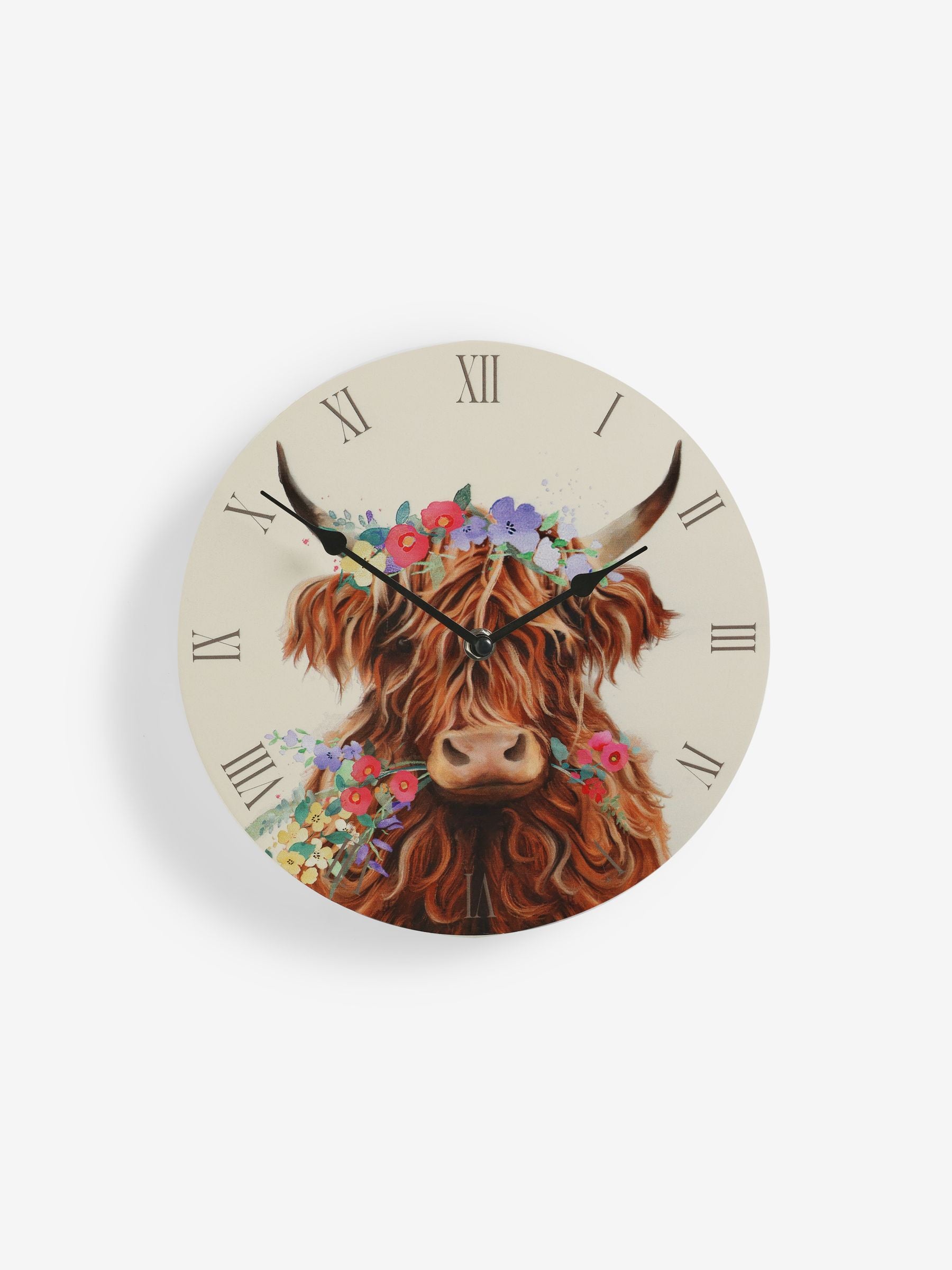 Hamish Highland Cow multicolour floral wall clock 25cm, imported from the UK