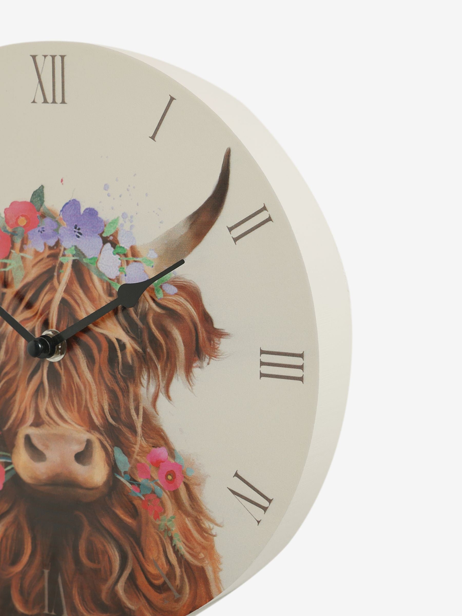 Hamish Highland Cow multicolour floral wall clock 25cm, imported from the UK