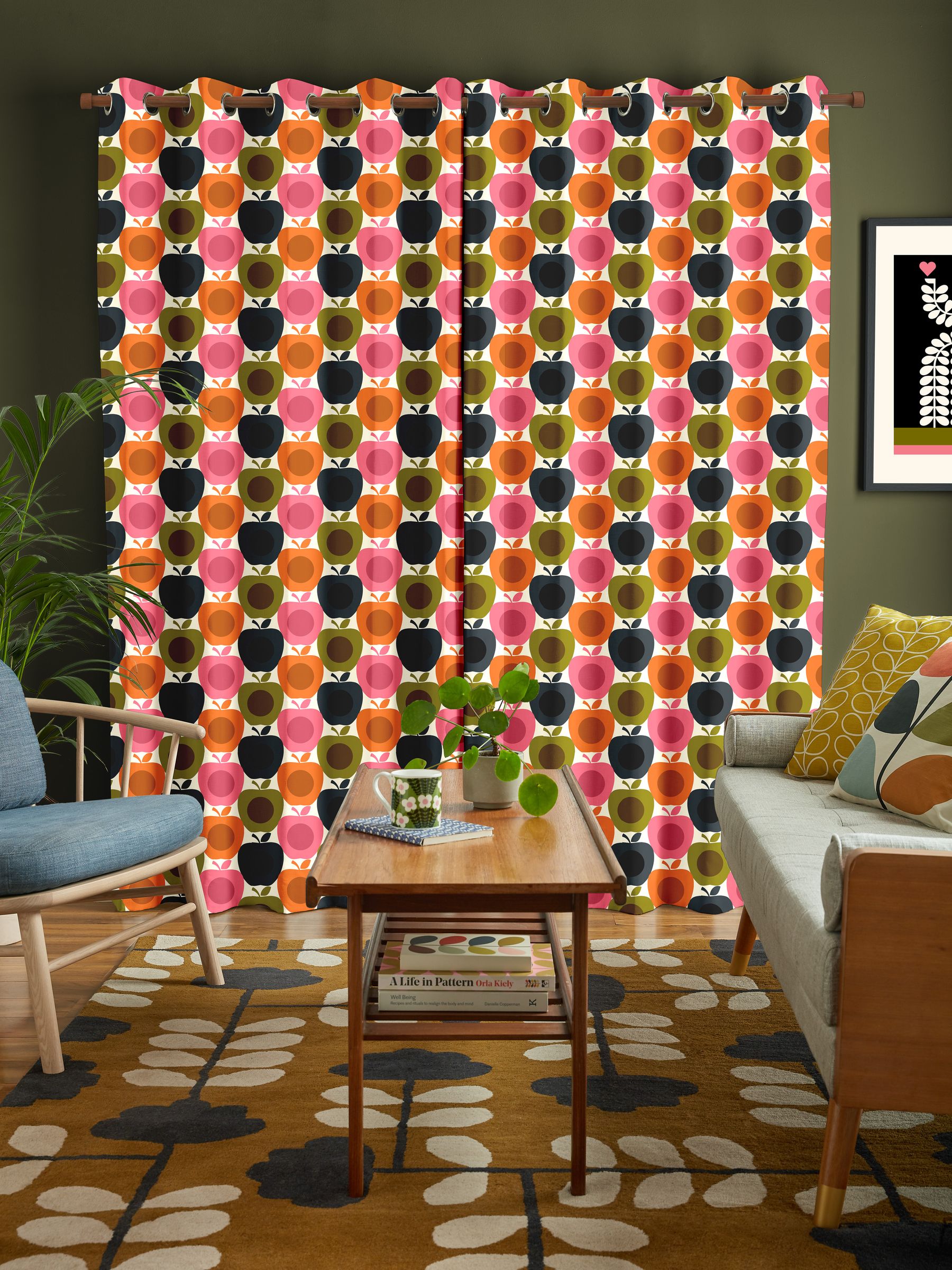 Orla Kiely Pink Apples print curtains (British brand)