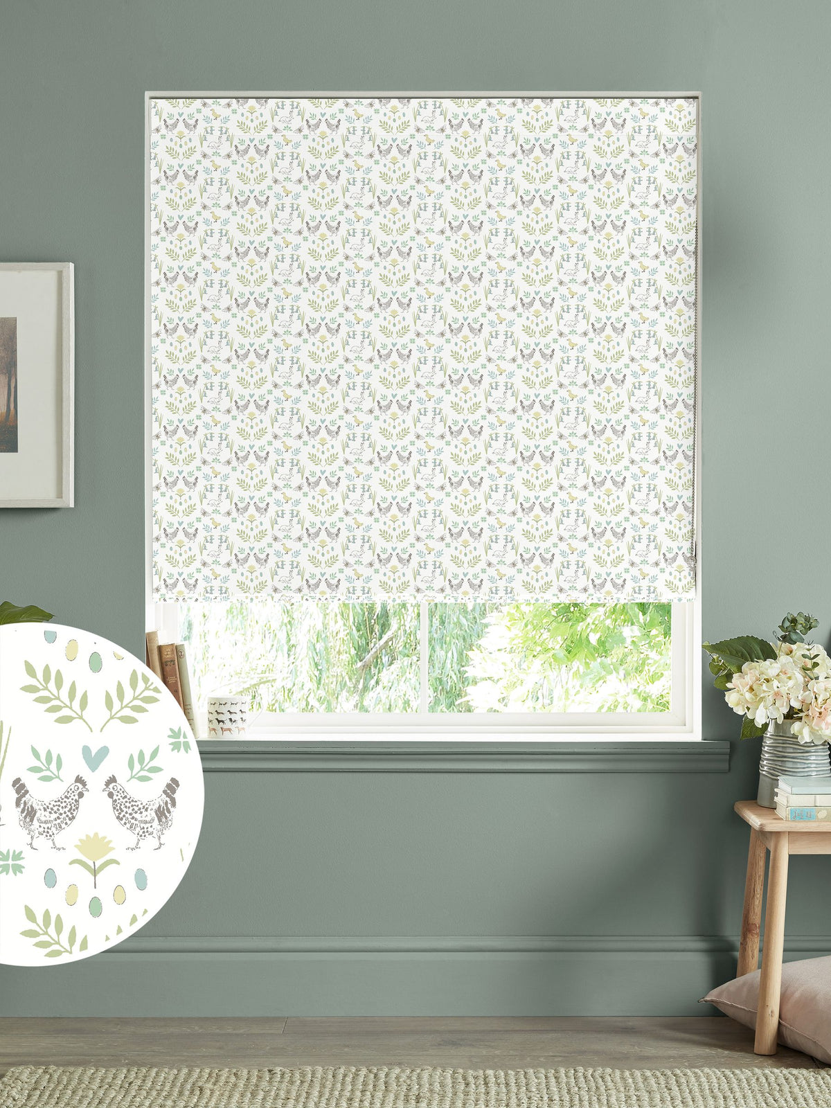 Sophie Allport roman blind with White Spring Chick pattern, UK version