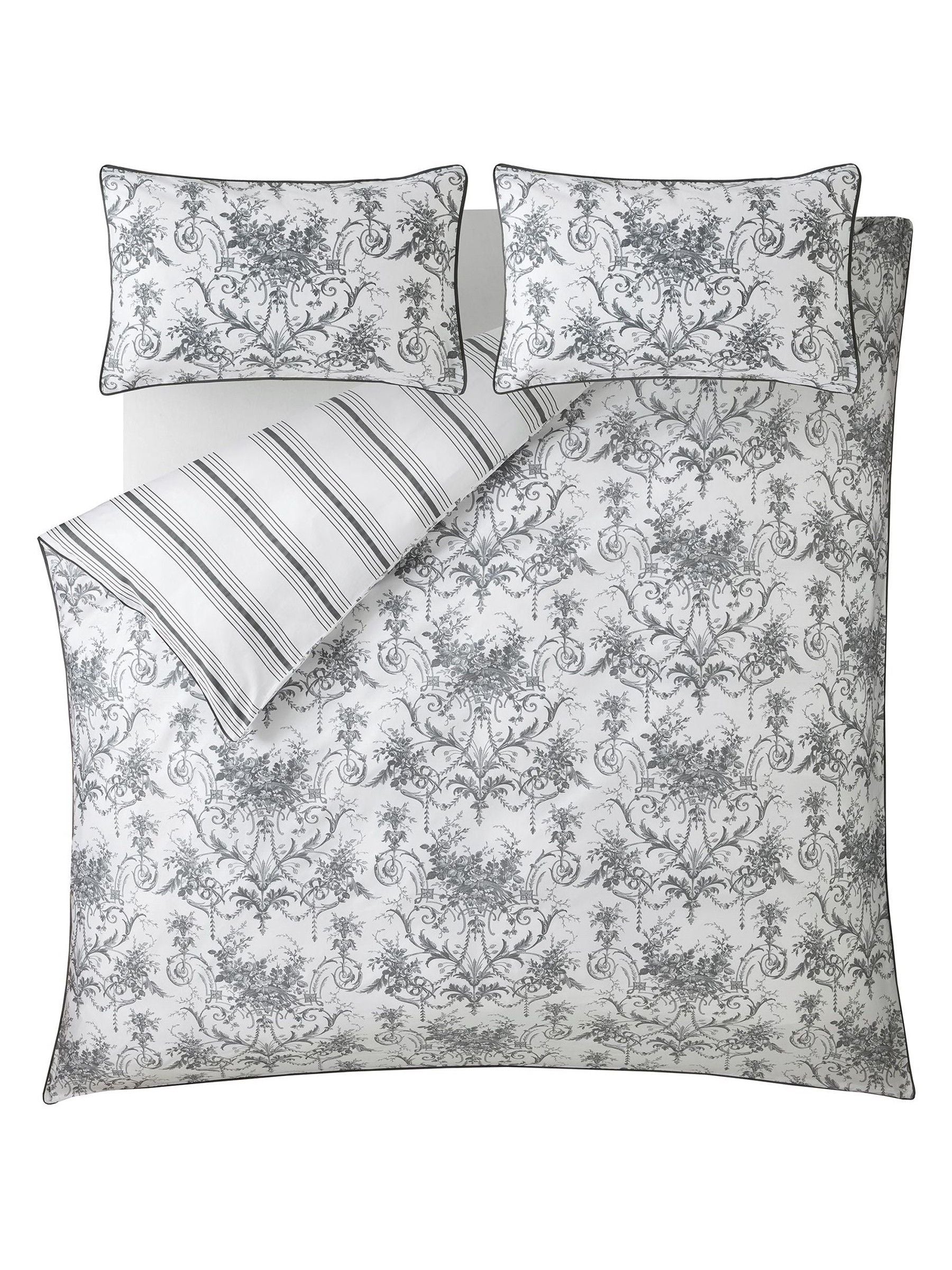 Laura Ashley Grey Charcoal Reversible 100% Cotton Sateen 200 Thread Count Tuileries Duvet Cover and Pillowcase Set