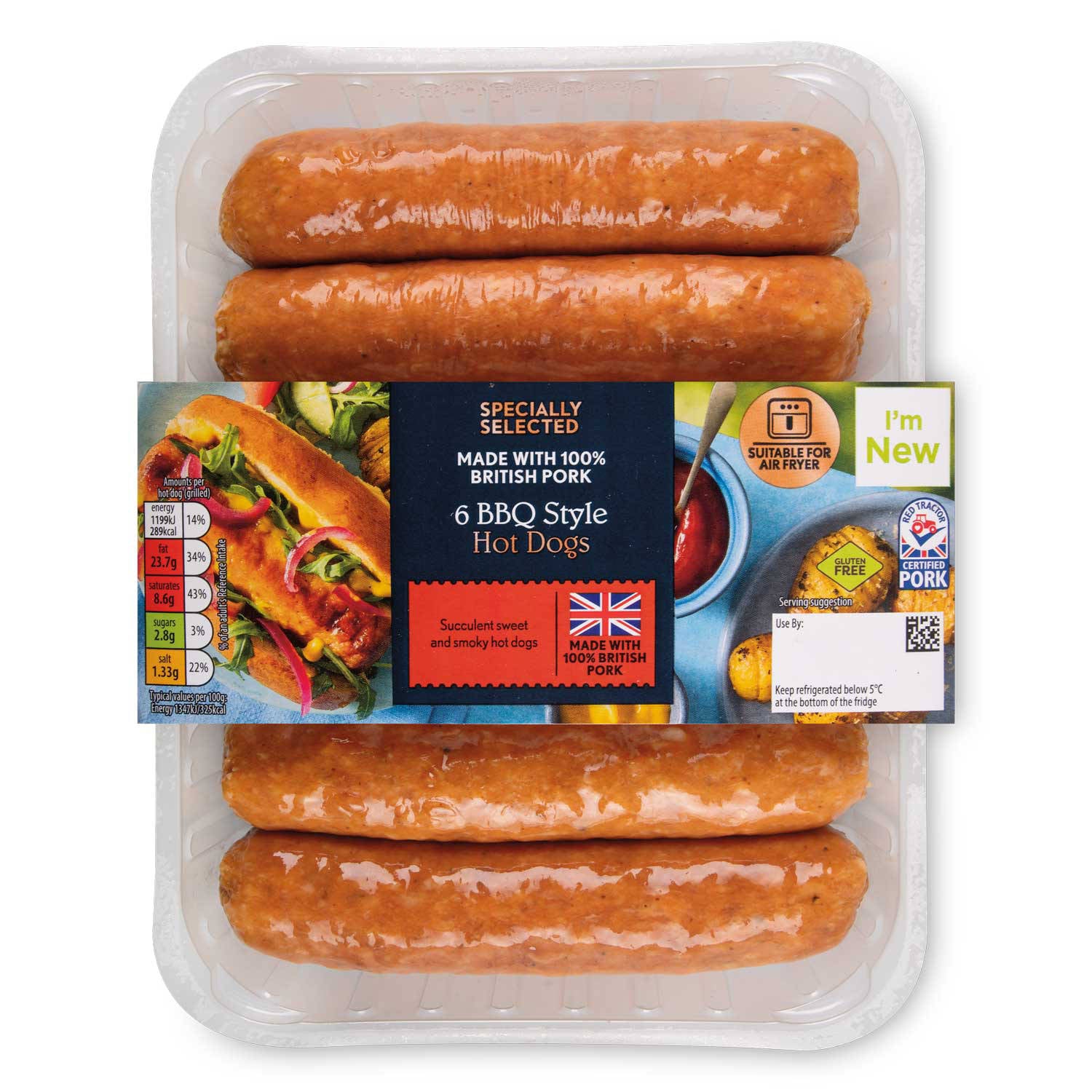 BBQ flavour hot dog sausages for grilling (British brand)