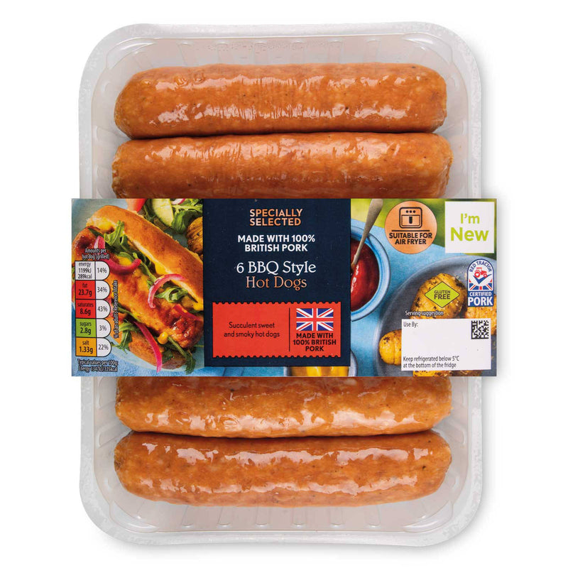 BBQ flavour hot dog sausages for grilling (British brand)