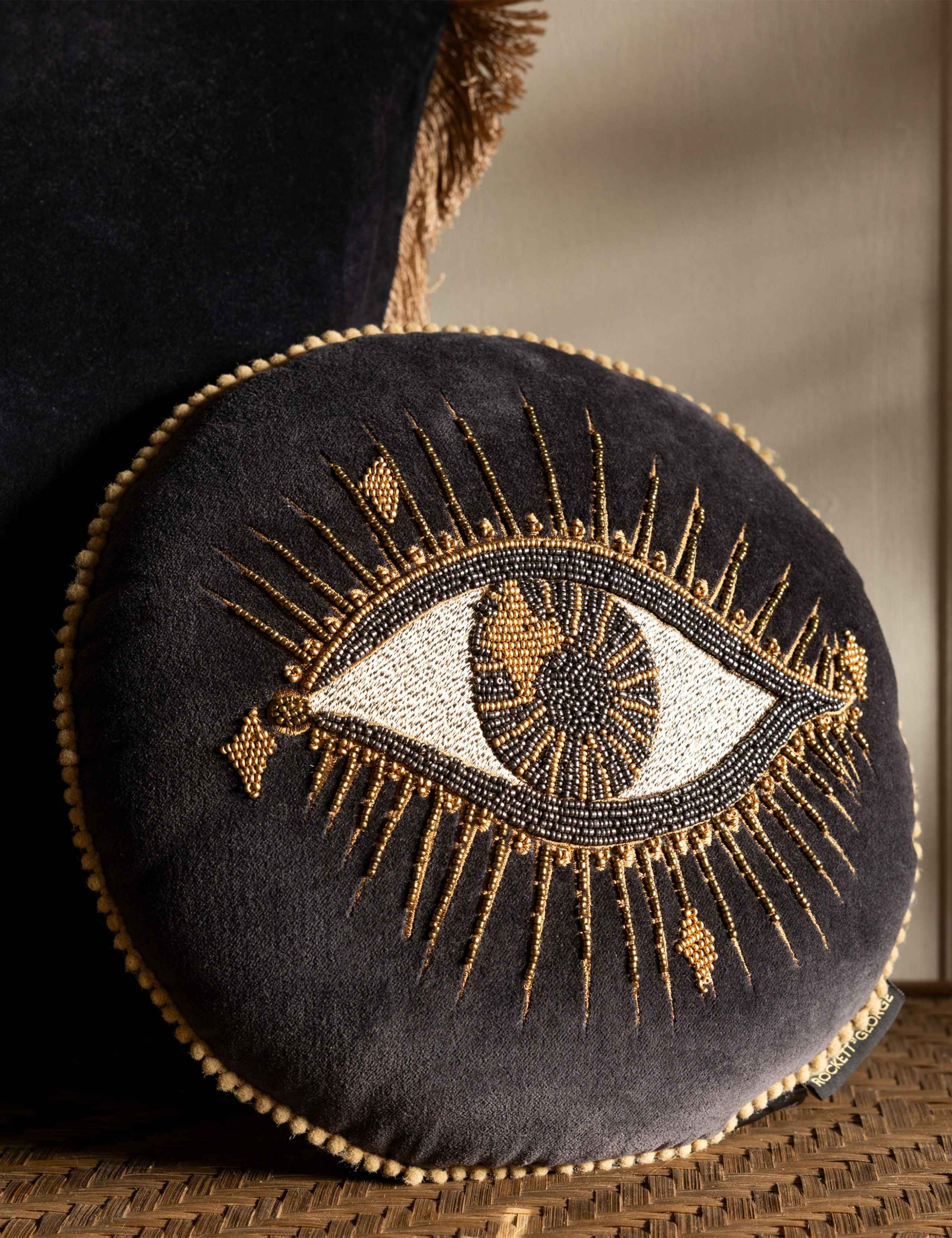 Rockett St George beaded velvet cushion with eye motif (British brand)