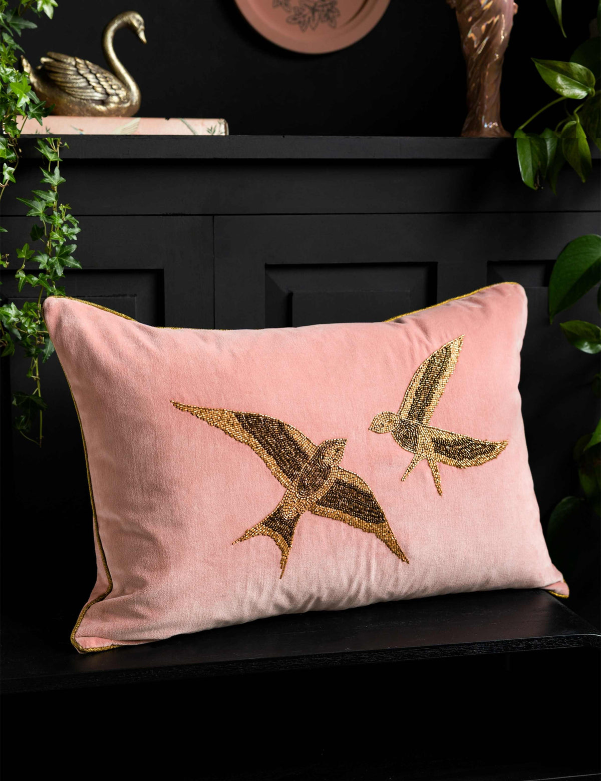 Rockett St George beaded love birds cushion 40cm by 60cm, imported from the UK