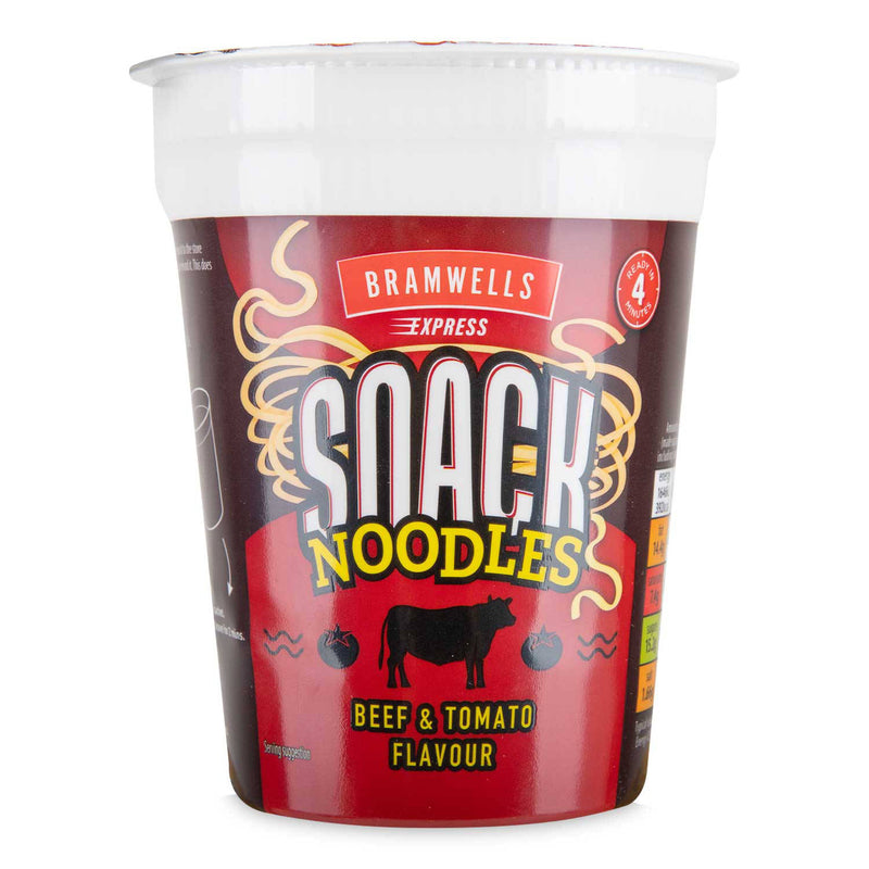 Snack noodle pot beef and tomato flavour, imported from the UK