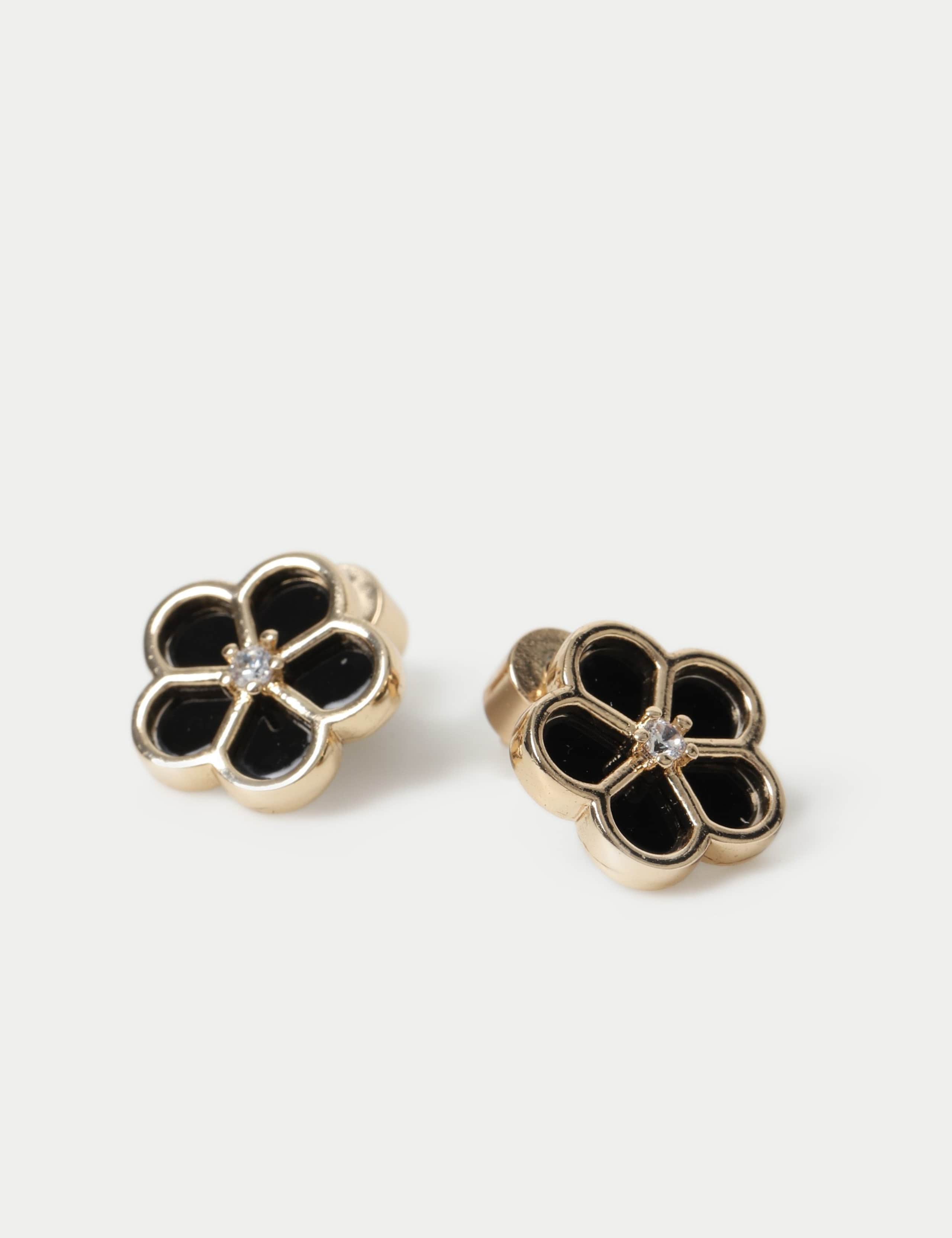 Black enamel flower stud earrings metal jewellery - British product