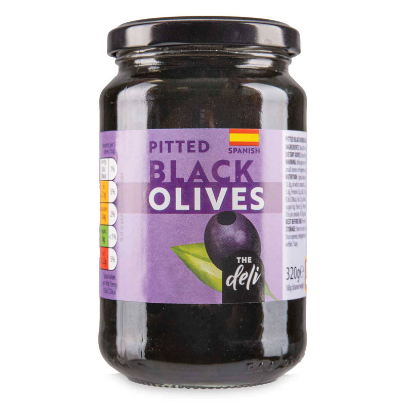Pitted black Spanish olives 320g, imported from the UK