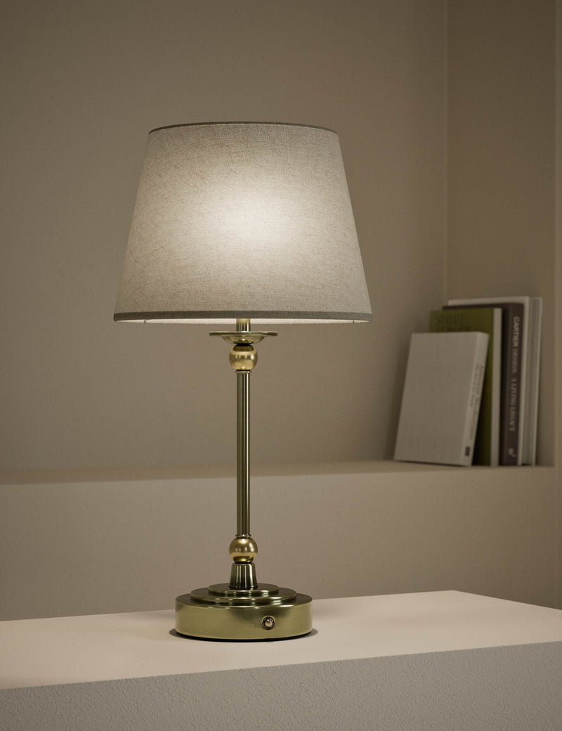Blair rechargeable table lamp with brass base and linen shade, UK version