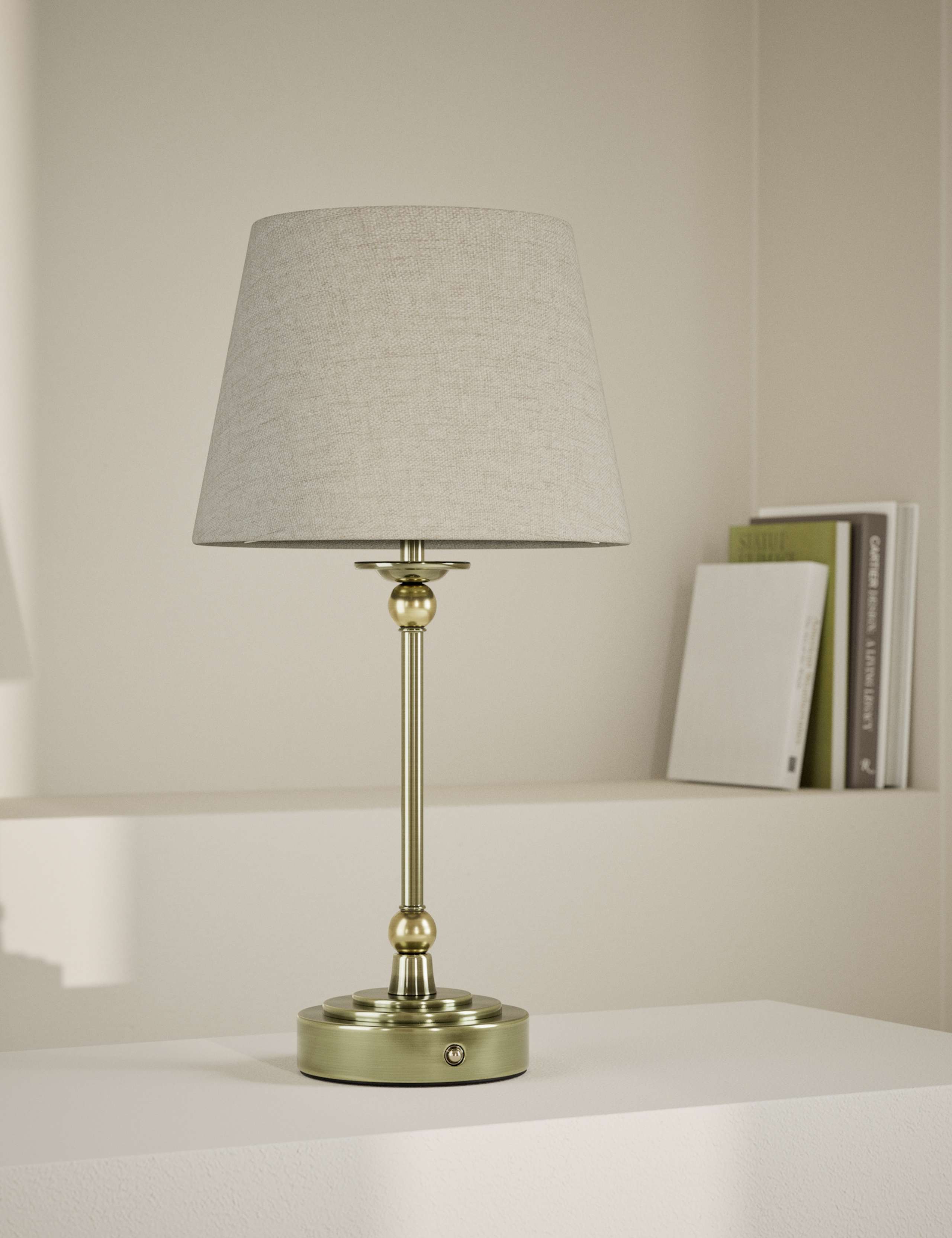 Blair rechargeable table lamp with brass base and linen shade, UK version
