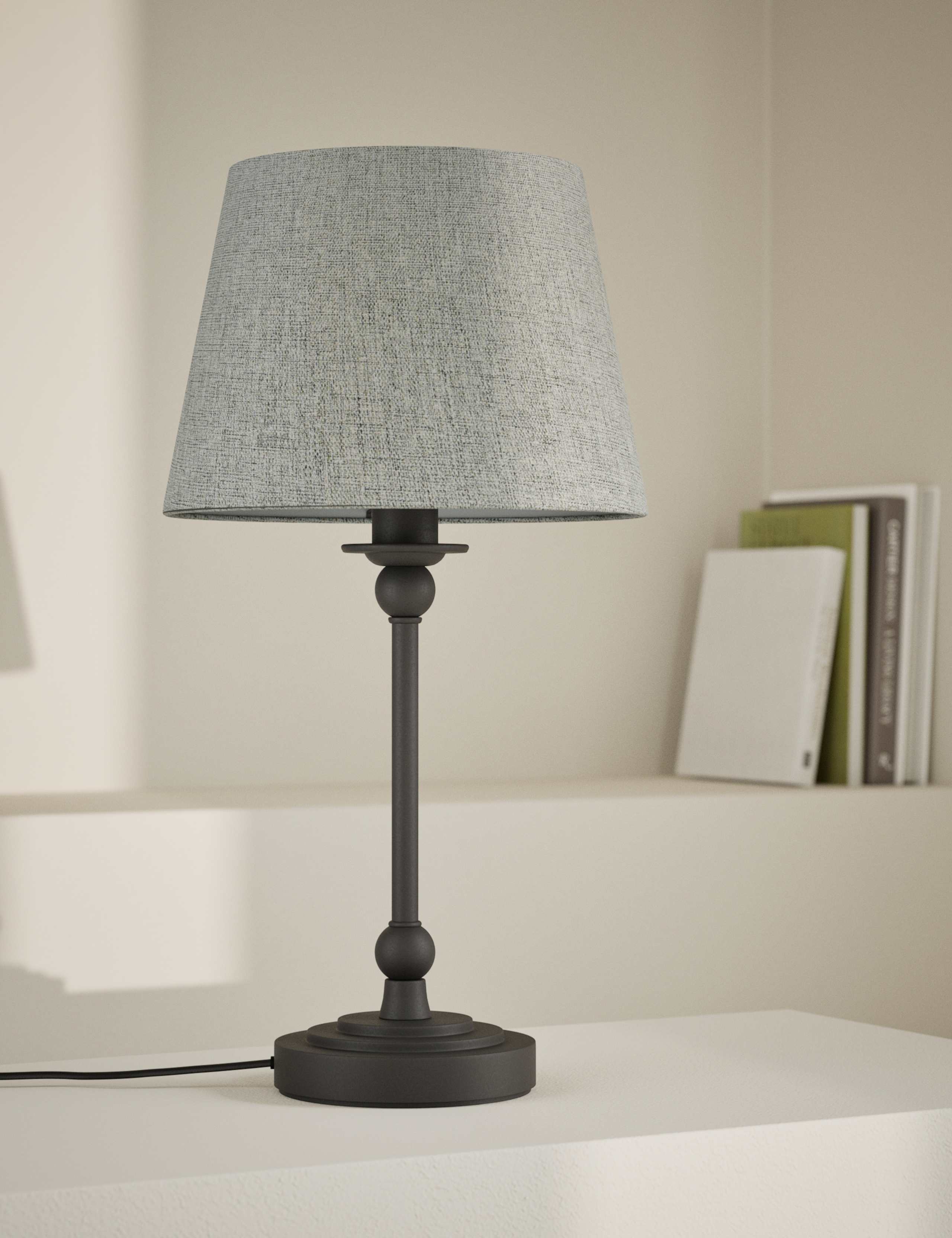 Blair table lamp with metal finish and linen shade (British brand)