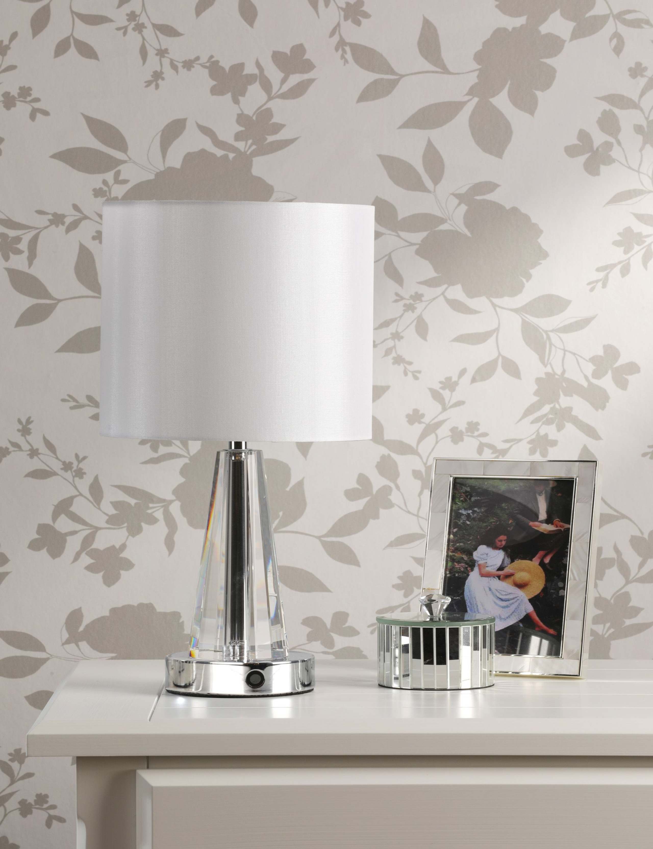 Laura Ashley Blake rechargeable table lamp with chrome base, UK version