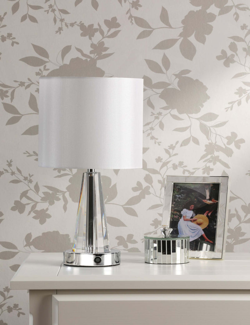 Laura Ashley Blake rechargeable table lamp with chrome base, UK version