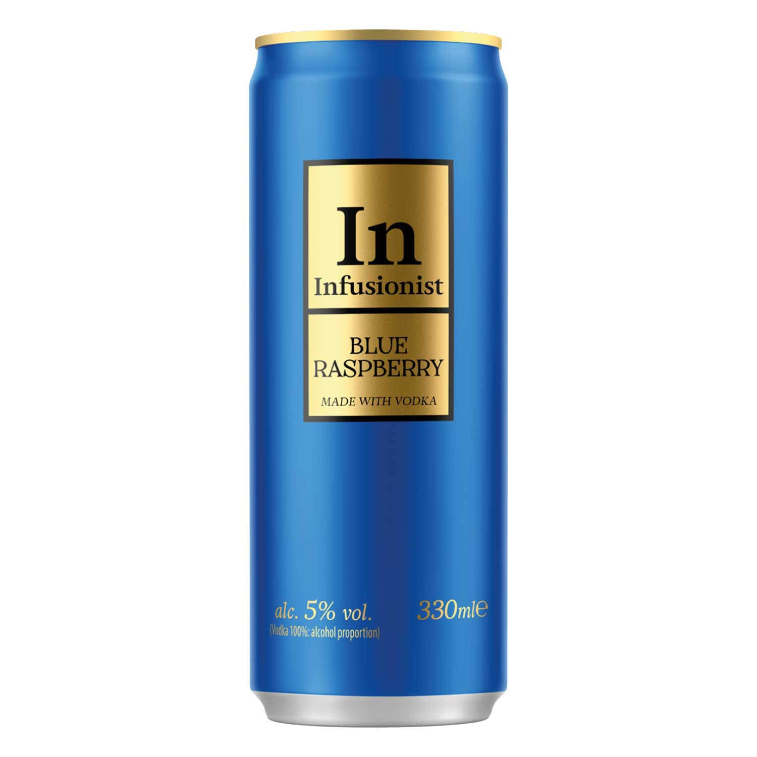 Infusionist Blue Raspberry vodka cocktail cans, imported from the UK