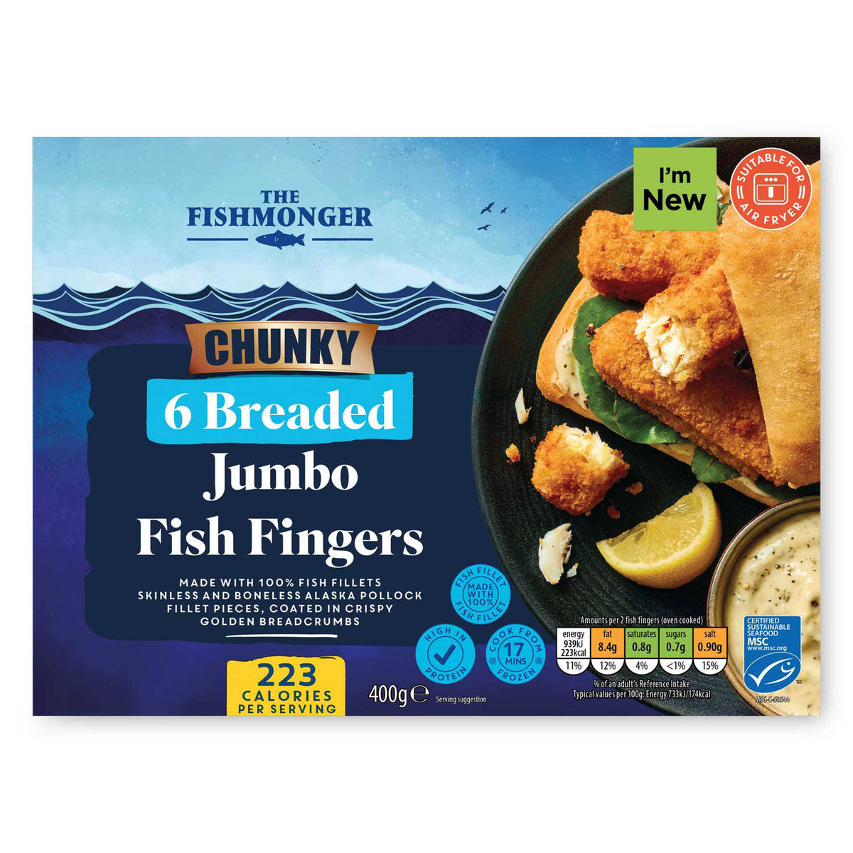 Breaded chunky fish fingers, sesame free (British brand)