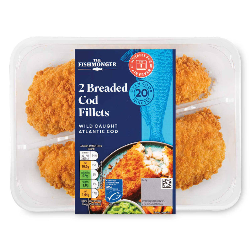 Breaded cod fillets with crispy breadcrumb coating - British product