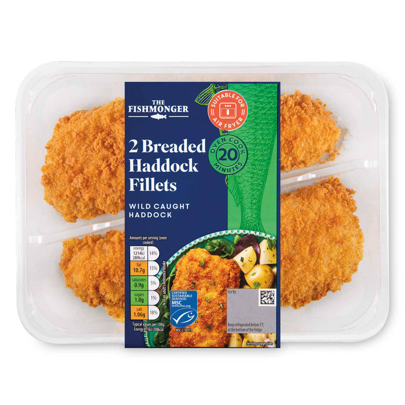 Breaded haddock fillets in a crispy coating - British product