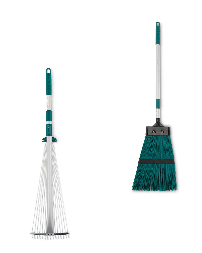 Extendable rake and broom with adjustable steel head (British brand)