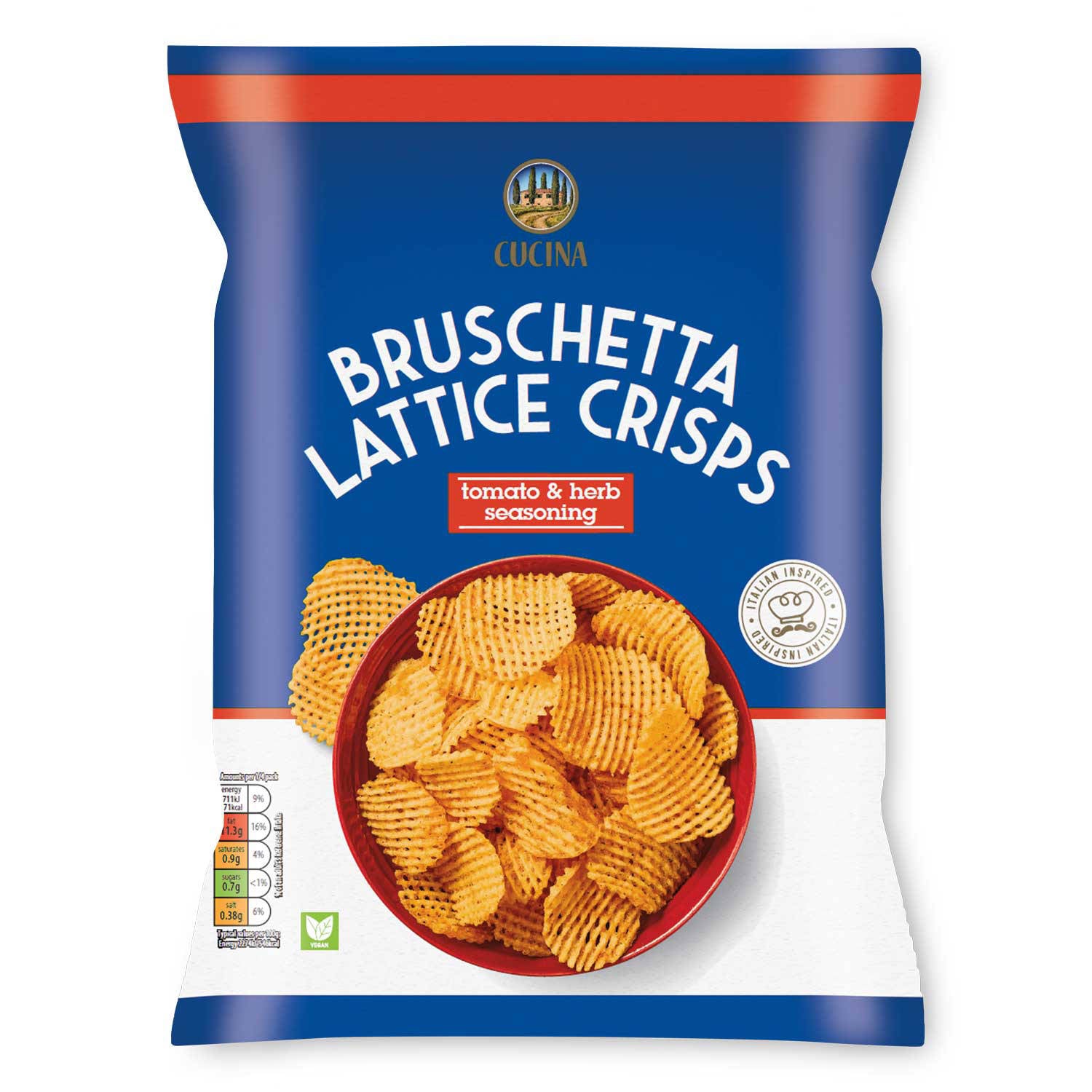 Bruschetta Lattice Crisps, vegetarian potato chips, UK version