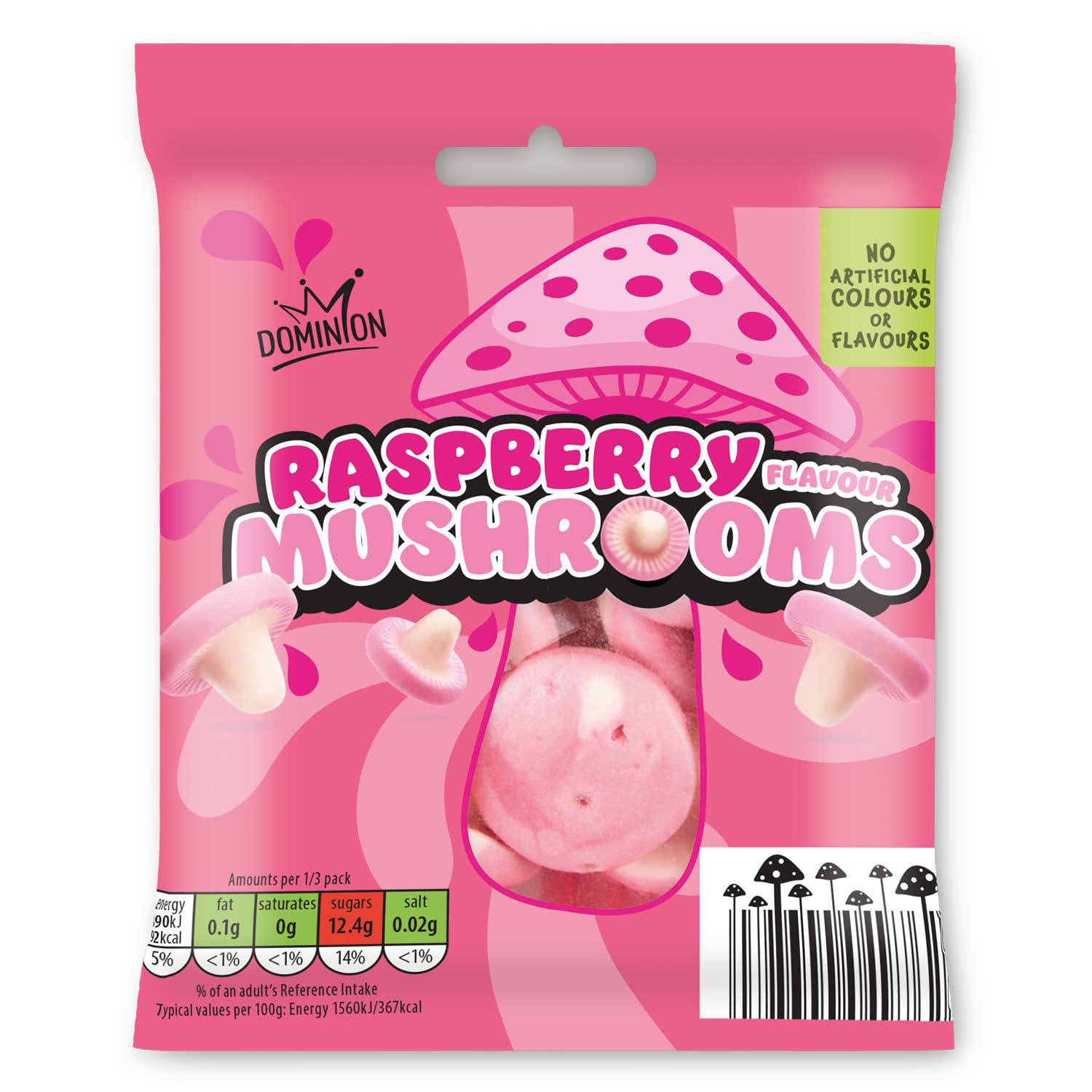 Bubblegum and raspberry mushroom-shaped foam sweets, UK version