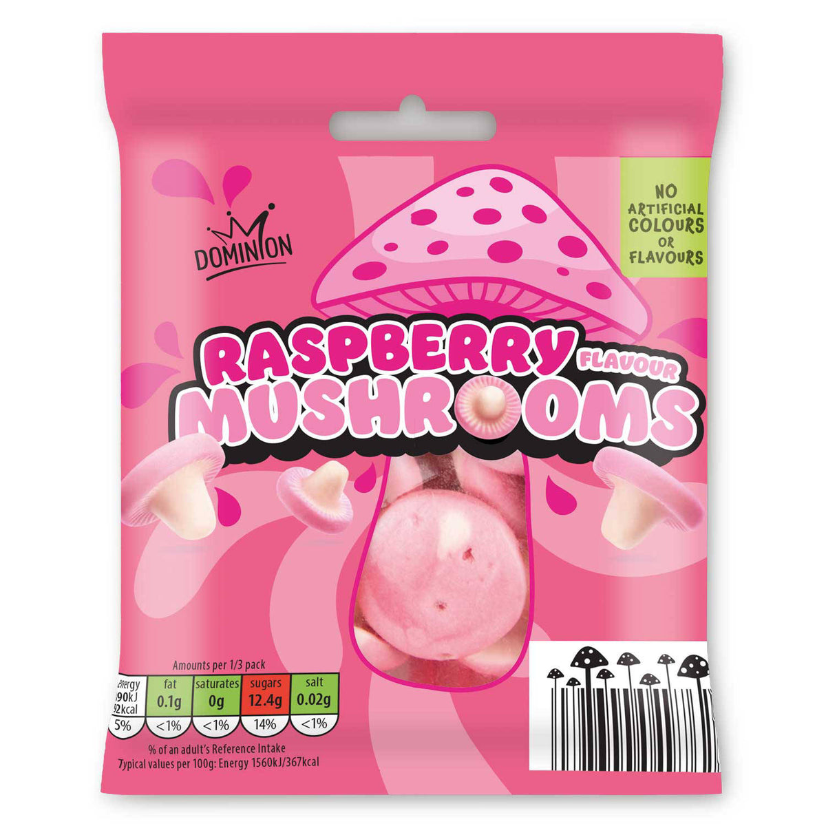 Bubblegum and raspberry mushroom-shaped foam sweets, UK version