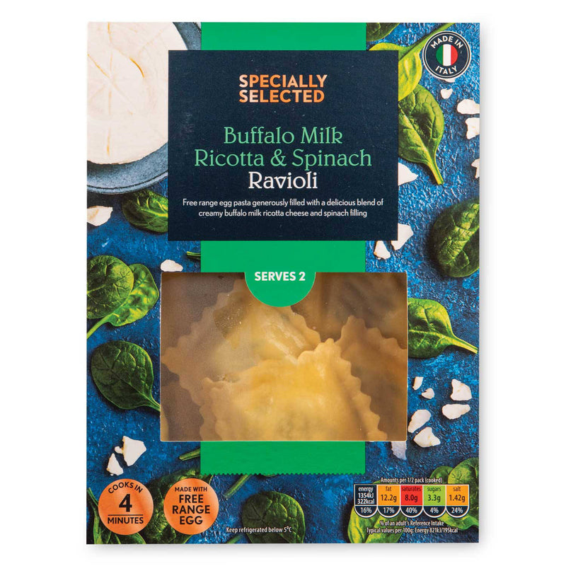 Buffalo ricotta and spinach ravioli fresh egg pasta, UK version