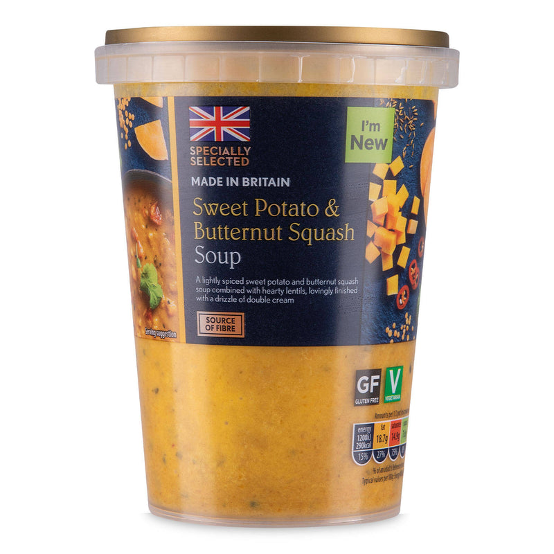 Butternut squash soup with sweet potato and red lentils (British brand)
