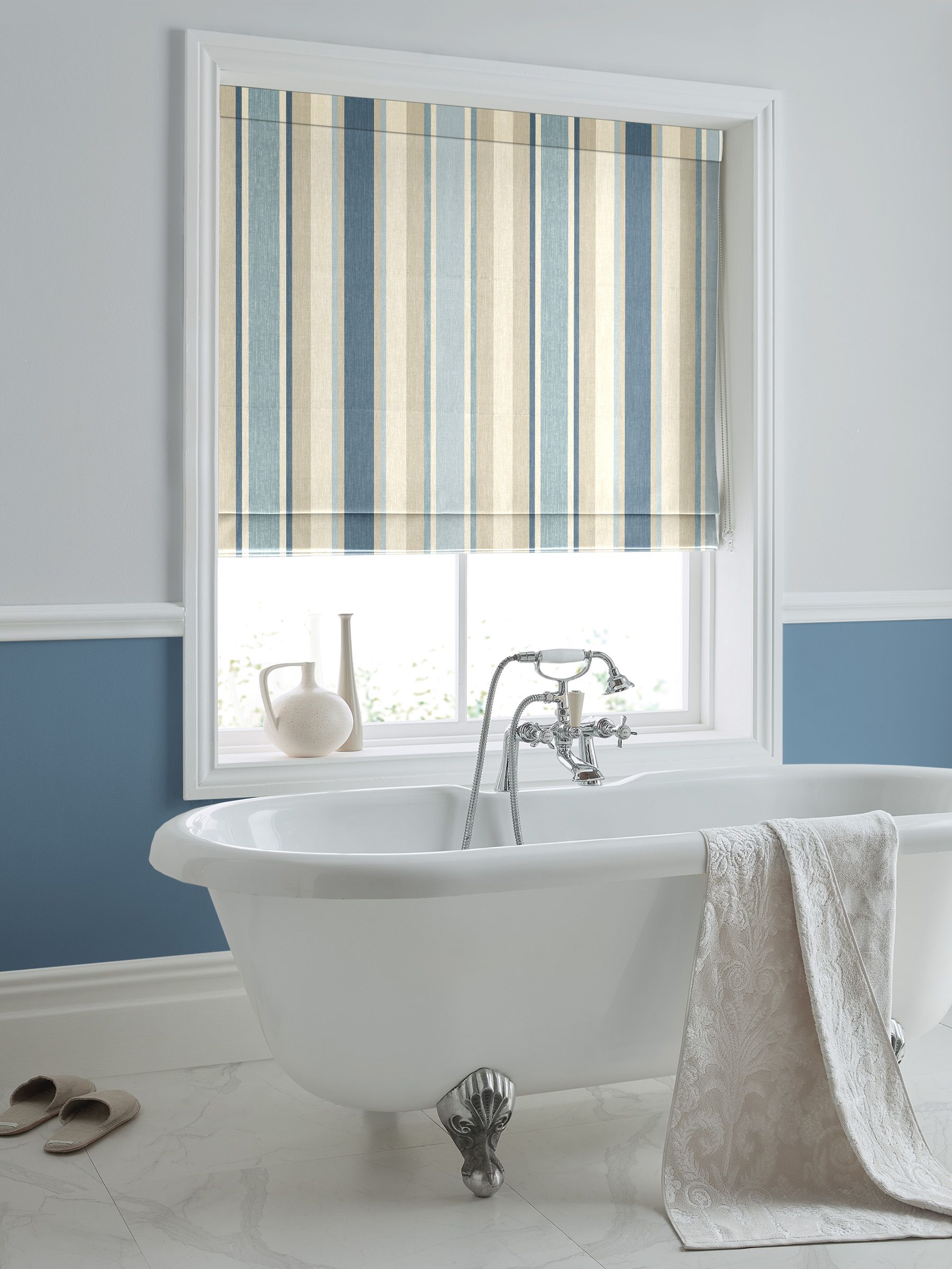 Laura Ashley blue awning stripe Roman blind, imported from the UK