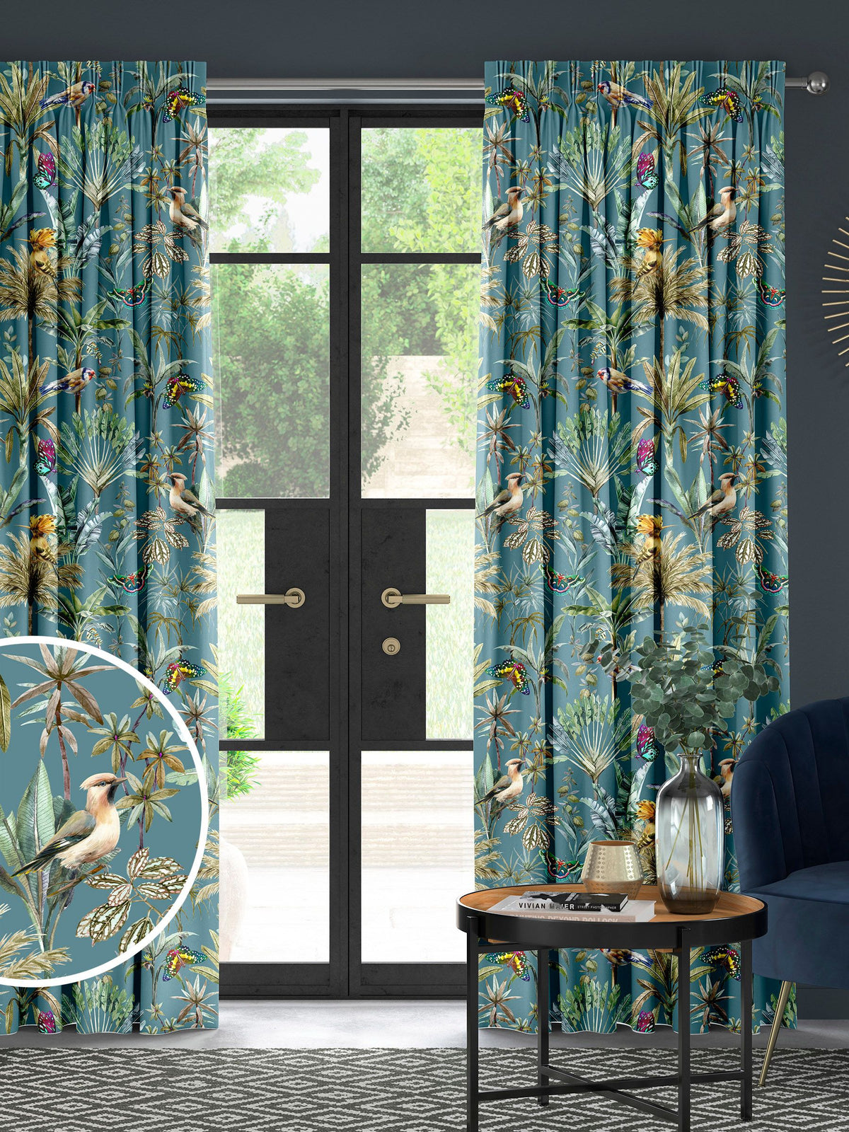 Teal tropical made to measure curtains - British product